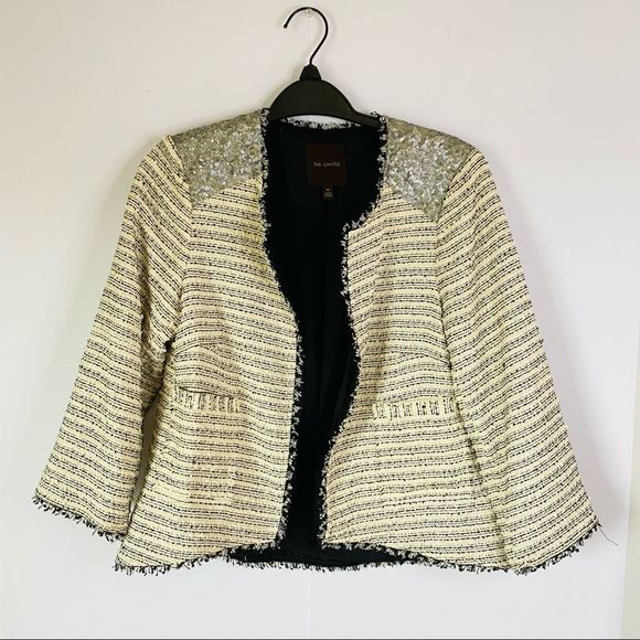 THE LIMITED Ivory Black Tweed Sequin 3/4 Sleeve Hook Closure Blazer Jacket - Picture 8 of 13